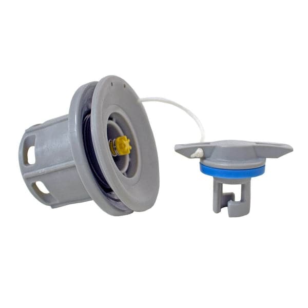 Grey plastic toilet cistern flush valve with attached cover and blue gasket, shown on a white background.