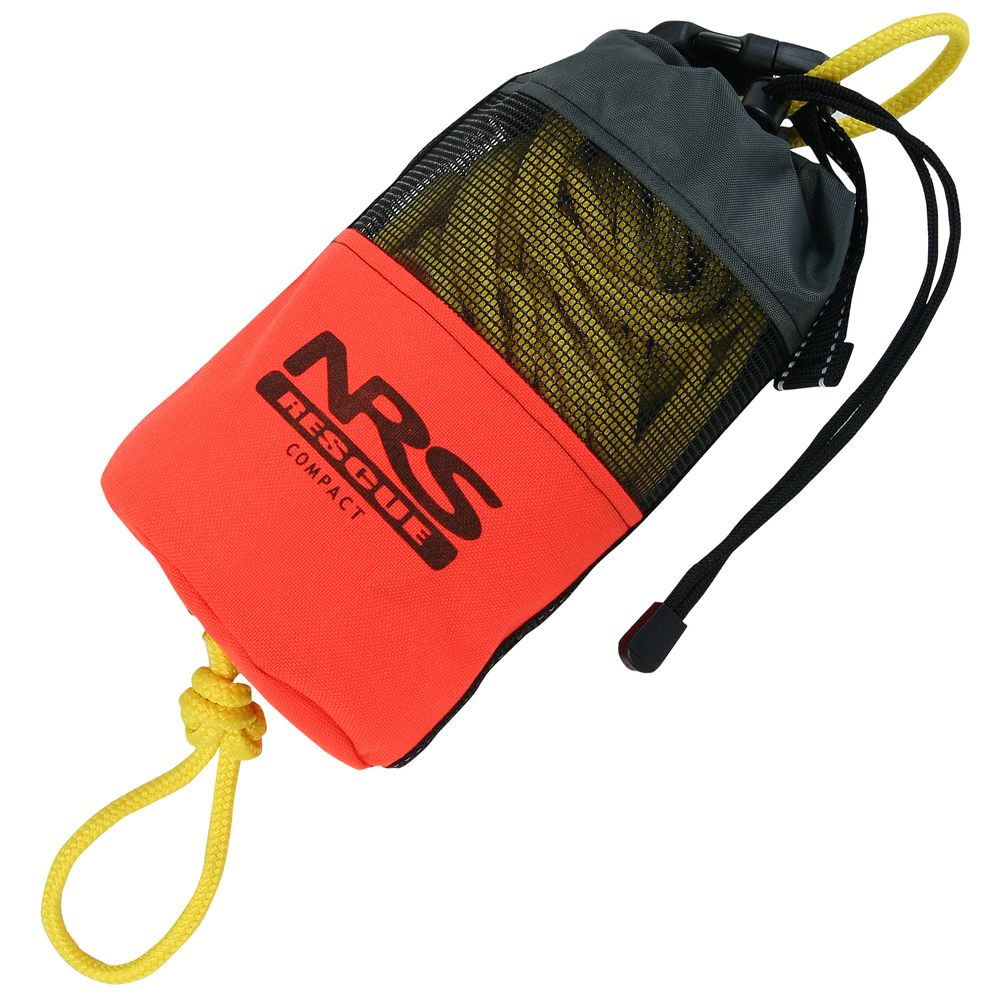 A compact rescue throw bag with a bright orange and black design, featuring a mesh top and a yellow rope secured with a knot. The bag is labeled "NRS Rescue Compact.