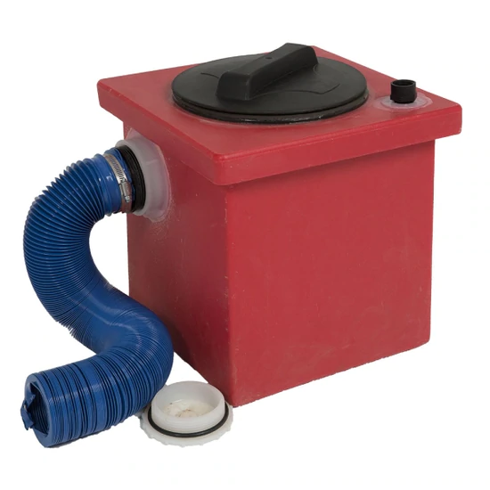 A red plastic container with a black lid, a blue flexible hose attached to one side, and a white cap placed on the ground next to it.