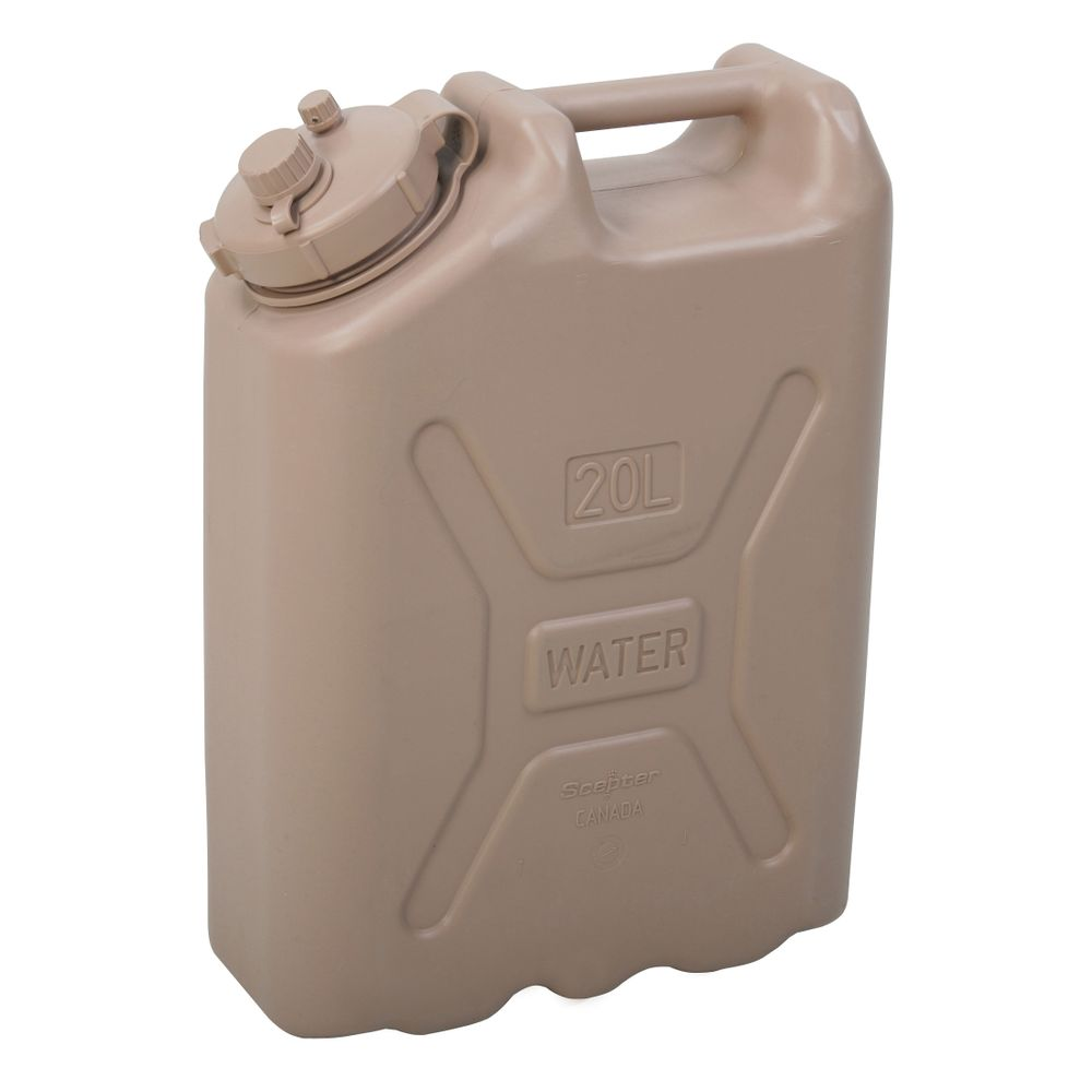 A tan-colored plastic 20-liter water container with a screw cap and handle.