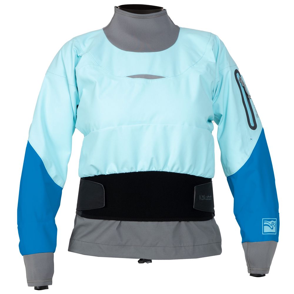 A women's blue and grey jacket with a hood.