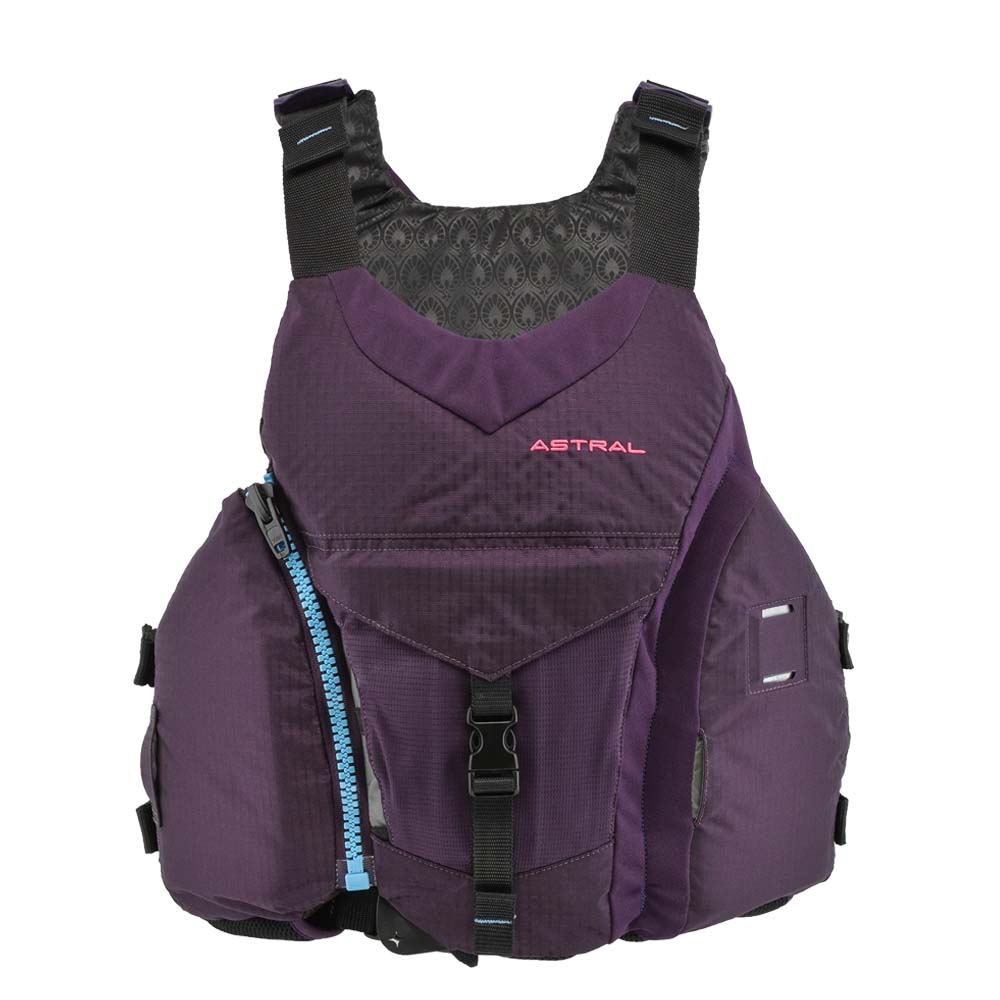 A women's life jacket in purple and blue.