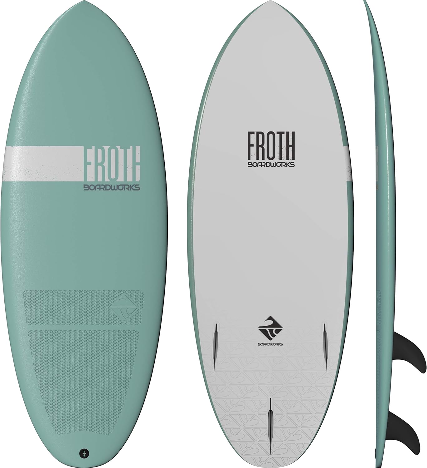A Froth! Surf Board by Boardworks with green and white waves design.