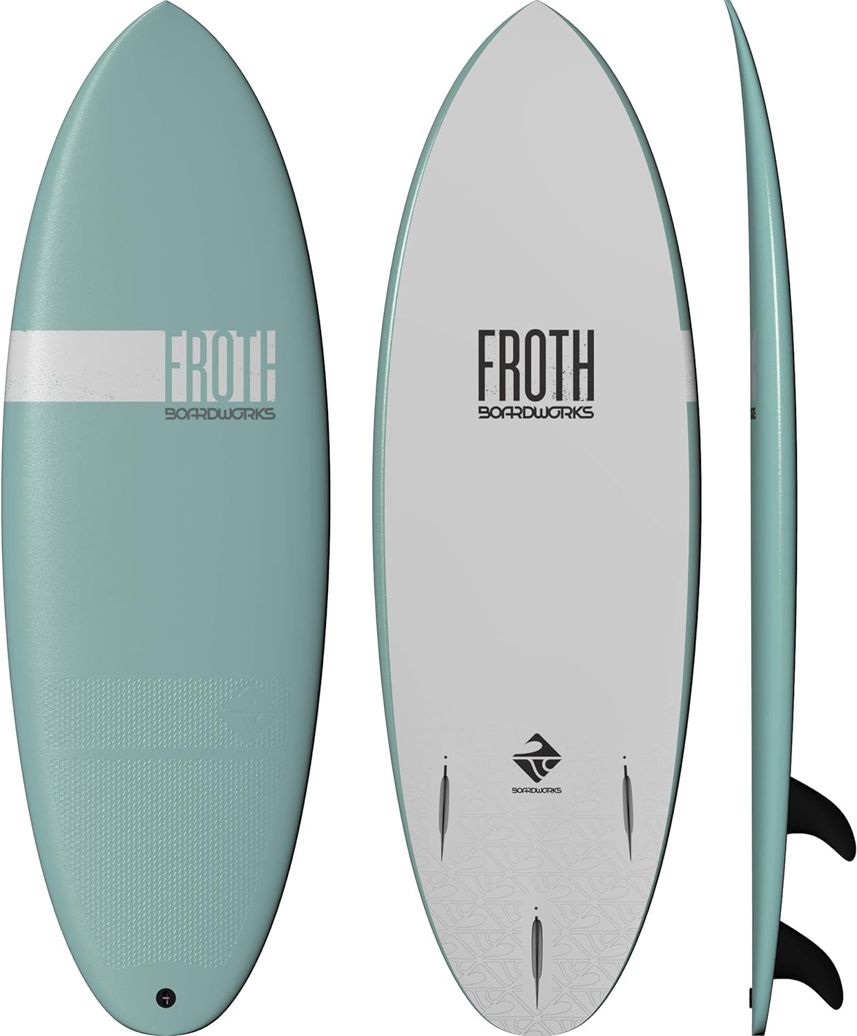 A Froth! surfboard for beginners, designed by Boardworks, that is designed for smaller waves, with the word froth on it.
