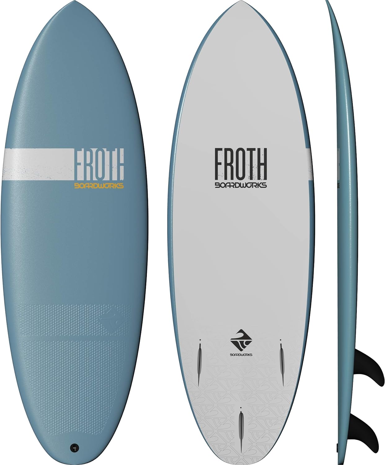 A blue and white Froth! surfboard designed for beginners to catch smaller waves, featuring the word "farth" on it by Boardworks.