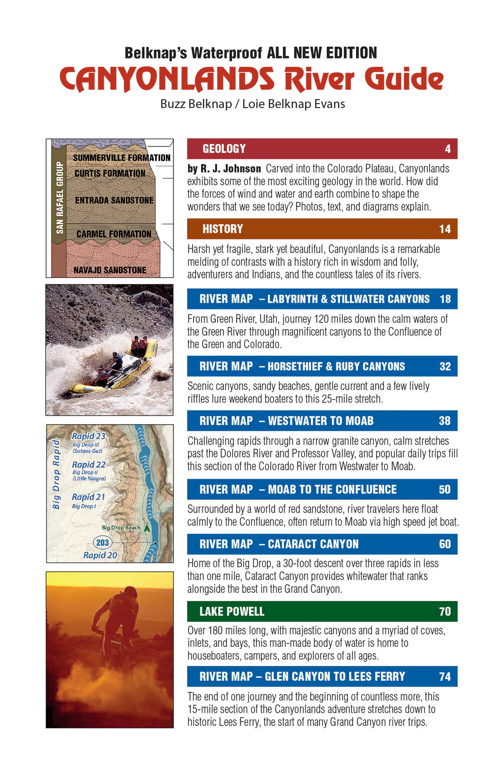 The Canyonlands River Guide by Westwater Books features geology, history, river maps—including a detailed Green River map—photos of river scenes, and a color-coded table of contents listing various river sections.