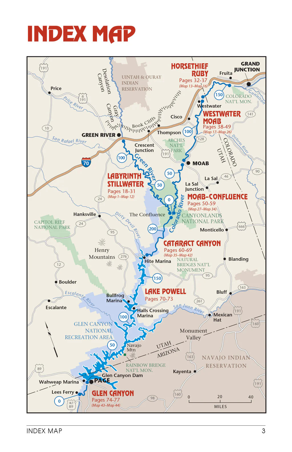 The Westwater Books Canyonlands River Guide features a detailed map of the Colorado River from Grand Junction to Glen Canyon, with labeled points of interest and river access—a must-have for any Colorado River adventurer.