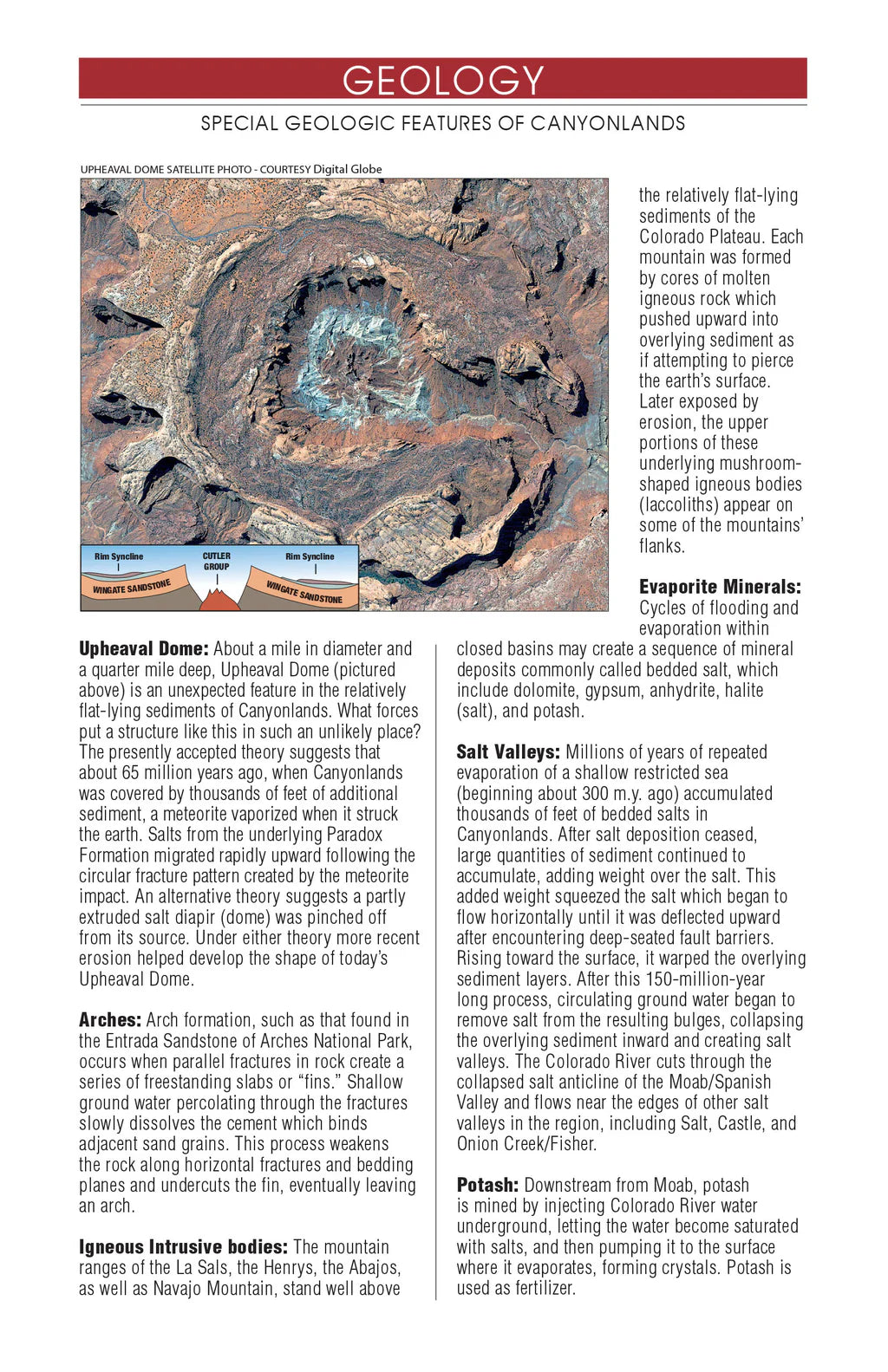 Aerial view of Upheaval Dome’s layered rocks and rugged terrain in Canyonlands National Park. Geologic features are highlighted, making the Westwater Books Canyonlands River Guide perfect for exploring the park's wonders.