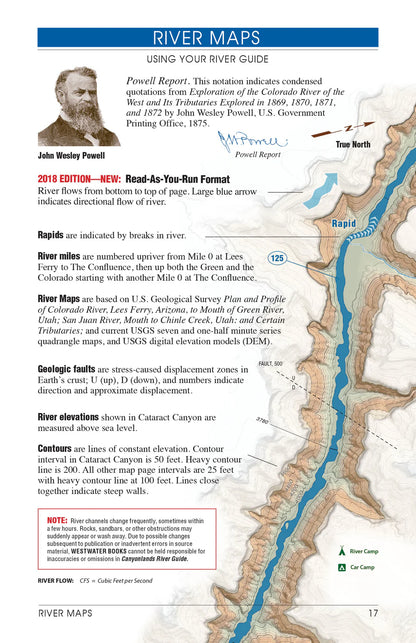 The Canyonlands River Guide by Westwater Books features a map with Colorado River rapids, mile markers, river tips, geology highlights, a historical quote, and a color-coded legend—ideal for any Colorado River adventure.
