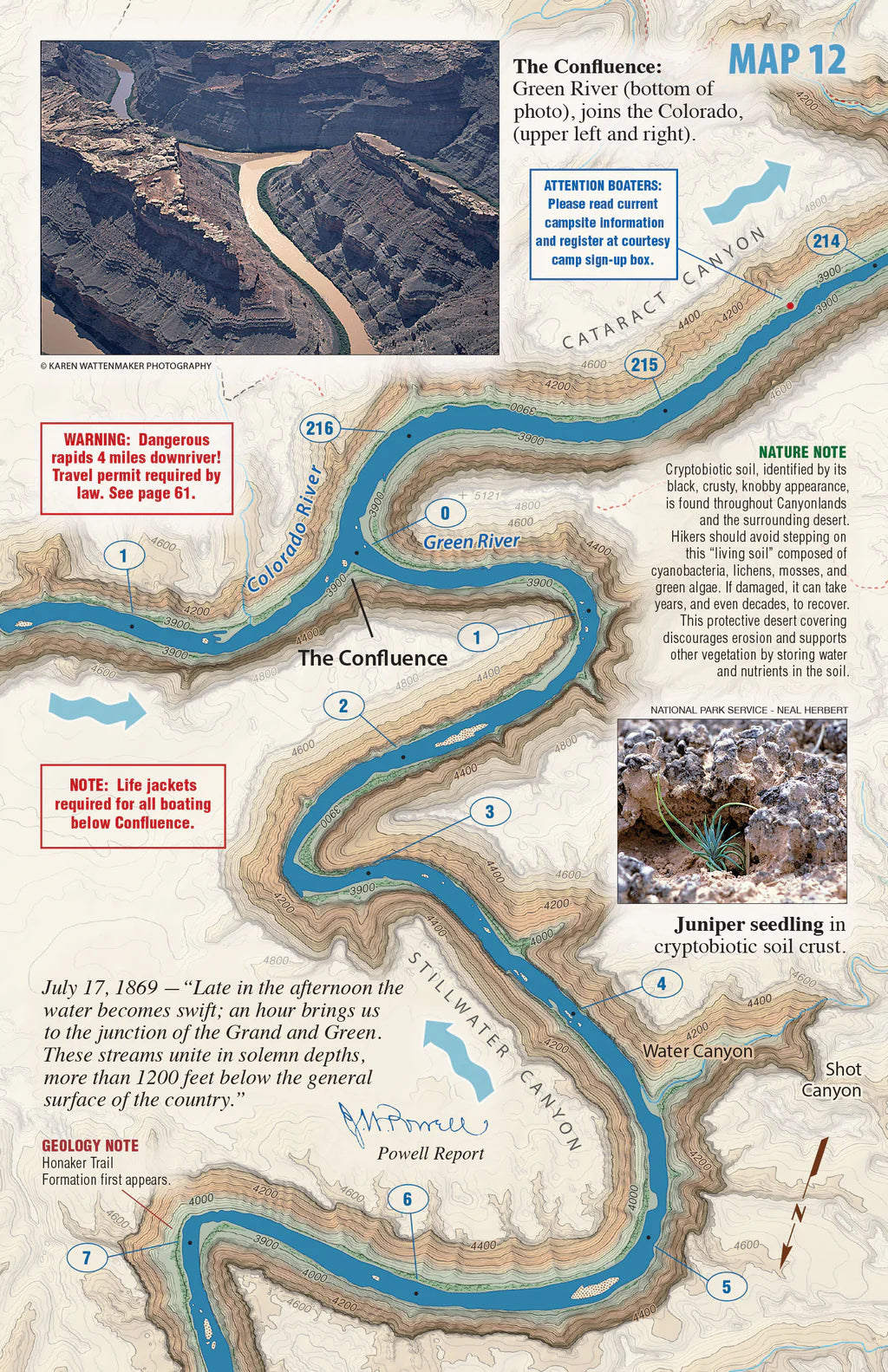Canyonlands River Guide by Westwater Books: map of Green and Colorado Rivers' confluence in a canyon, labeled trails, safety tips, geology and nature highlights, plus a photo of the dramatic river junction.