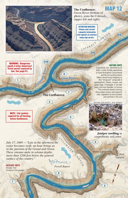 Canyonlands River Guide by Westwater Books: map of Green and Colorado Rivers' confluence in a canyon, labeled trails, safety tips, geology and nature highlights, plus a photo of the dramatic river junction.