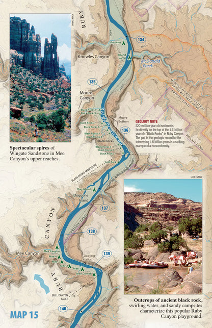 Westwater Books' Canyonlands River Guide features maps of Ruby Canyon and nearby areas, detailing canyons, spires, the Colorado River, labeled geology, photos of rock formations, and campsites—an essential guide for river explorers.