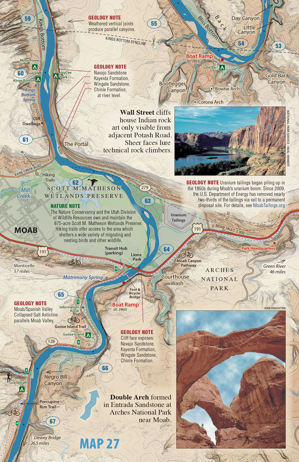 Westwater Books’ Canyonlands River Guide: Map of Moab near Arches National Park, Utah, featuring geology, climbing spots, roads, trails, a Canyonlands river guide inset, plus photos of rock cliffs and Double Arch.