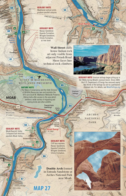 Westwater Books’ Canyonlands River Guide: Map of Moab near Arches National Park, Utah, featuring geology, climbing spots, roads, trails, a Canyonlands river guide inset, plus photos of rock cliffs and Double Arch.