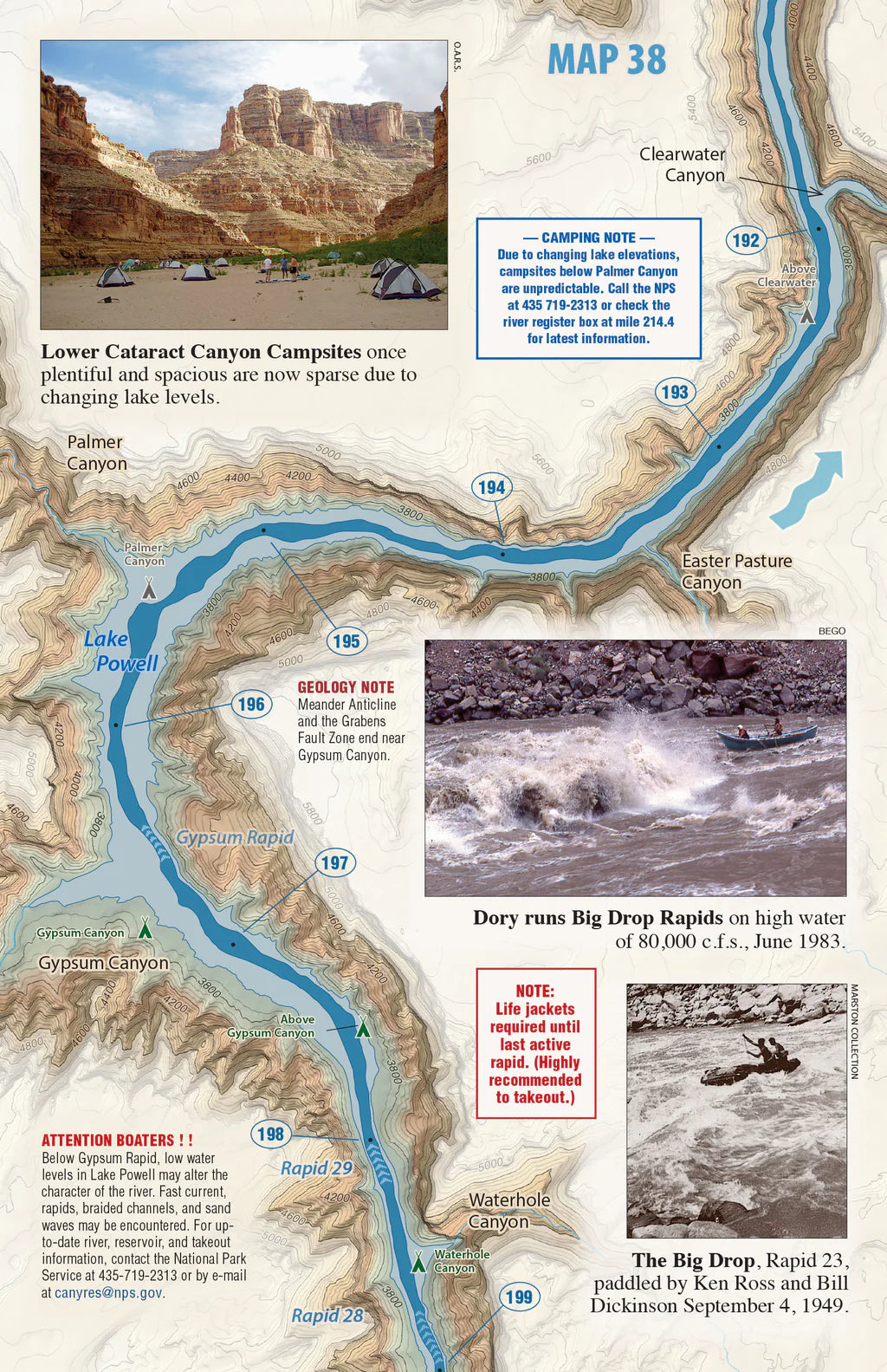 Canyonlands River Guide by Westwater Books maps Cataract Canyon campsites, river rapids, and safety warnings, with photos of boats navigating rough water—an essential Colorado River resource for adventure seekers.