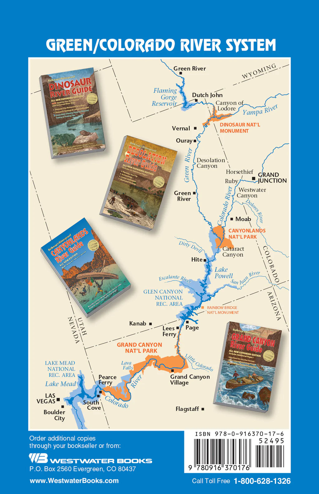 A map of the Green and Colorado River system with major cities and landmarks is shown, overlaid by four river guidebook covers including the Westwater Books Canyonlands River Guide, displayed prominently on the Green River section.