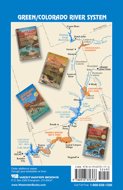A map of the Green and Colorado River system with major cities and landmarks is shown, overlaid by four river guidebook covers including the Westwater Books Canyonlands River Guide, displayed prominently on the Green River section.
