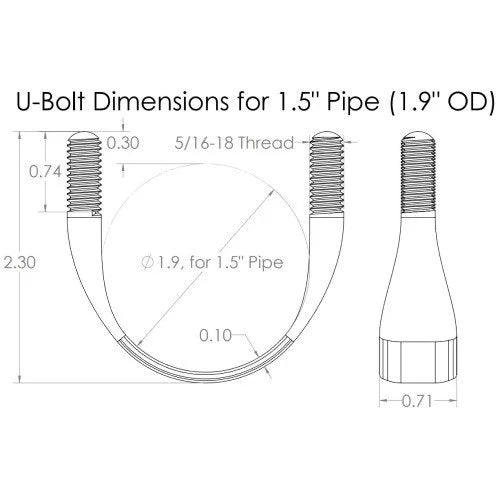Technical drawing of the Better Mounts 1.5in U-Bolt for 1.9" OD pipe, showing dimensions and thread size in inches—perfect for heavy-duty frame assembly hardware and secure fastening applications.