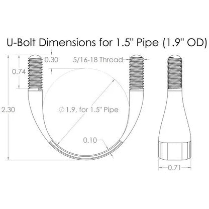 Technical drawing of the Better Mounts 1.5in U-Bolt for 1.9" OD pipe, showing dimensions and thread size in inches—perfect for heavy-duty frame assembly hardware and secure fastening applications.