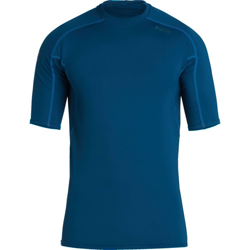A plain, blue NRS Short-Sleeve Rashguard for men with moisture-wicking technology, displayed on a white background.