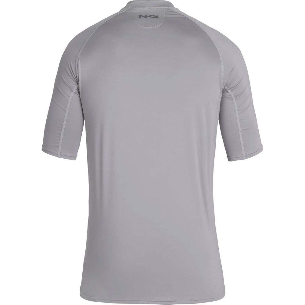 Back view of the Short-Sleeve Rashguard for Men by NRS in gray, featuring raglan sleeves and "NRS" branding on the upper back. Made with moisture-wicking fabric for optimal workout comfort.