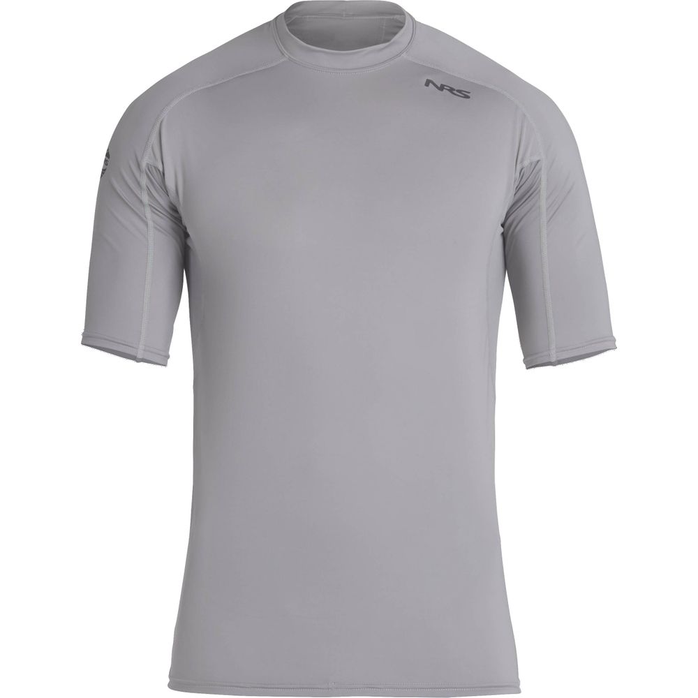 The NRS Men's Short-Sleeve Rashguard is a gray athletic shirt featuring a small chest logo, designed with moisture-wicking fabric to keep you dry and comfortable.