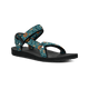 The DECKERS Women's Original Universal Sandal features adjustable blue and orange patterned recycled plastic straps and a black textured sole, shown against a plain background.