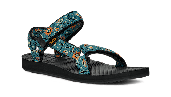 The DECKERS Women's Original Universal Sandal features adjustable blue and orange patterned recycled plastic straps and a black textured sole, shown against a plain background.