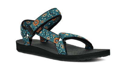 The DECKERS Women's Original Universal Sandal features adjustable blue and orange patterned recycled plastic straps and a black textured sole, shown against a plain background.