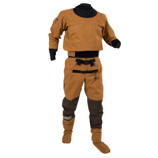 The Immersion Research Devils Club Drysuit is a brown and black waterproof paddling suit featuring abrasion-resistant material, attached boots, and seal cuffs, shown upright and empty against a white background.
