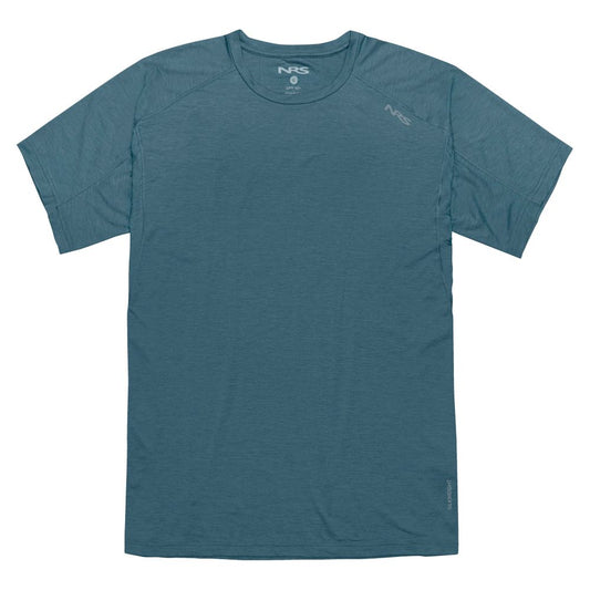 The NRS Silkweight Short-Sleeve Shirt - Men's in teal blue is laid flat on a white background, providing UPF 50+ sun protection—ideal as a men's base layer for outdoor activities.