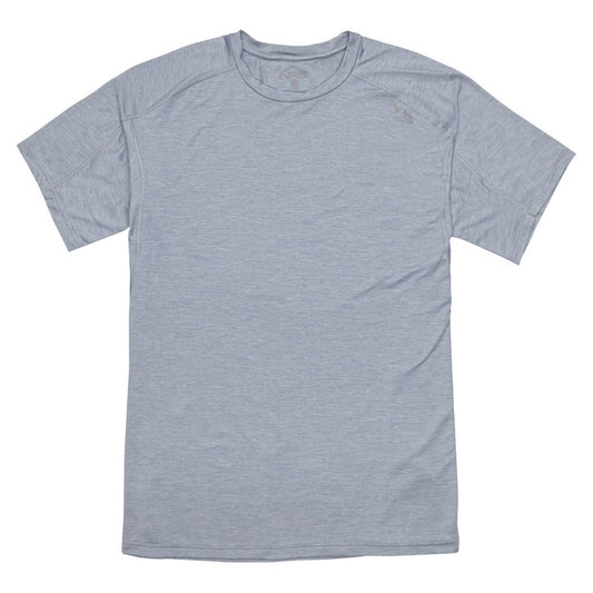 The NRS Silkweight Short-Sleeve Shirt - Men's is displayed on a white background, highlighting the front with subtle stitching. This gray shirt provides excellent moisture-wicking and sun protection for bright days.