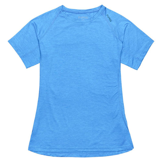 The NRS Silkweight Short Sleeve Shirt - Women's is a light blue, moisture-wicking top with sun protection, shown laid flat on a white background—ideal for active use.