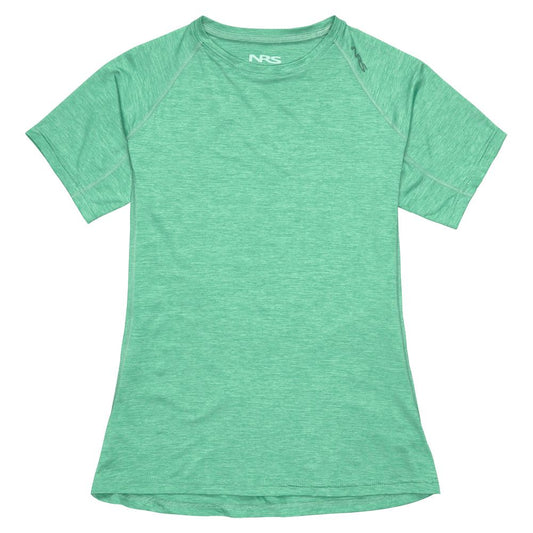 The NRS Silkweight Short Sleeve Shirt - Women's is a light green, moisture-wicking athletic tee with a crew neck and visible stitching, shown on a plain white background.