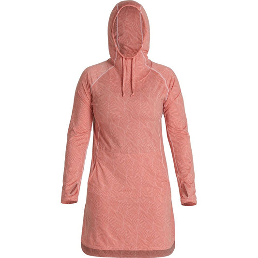 Introducing the NRS Silkweight Hoodie Dress: a pink, long-sleeved hooded dress made from recycled materials featuring a subtle leaf pattern and a drawstring hood. This eco-friendly favorite offers style and sun protection.