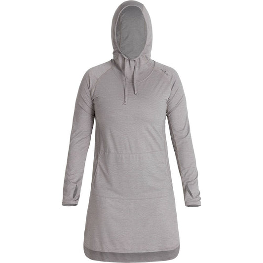 The NRS Silkweight Hoodie Dress is a sleek gray hoodie dress with long sleeves and thumb holes, made from recycled materials for sustainability.