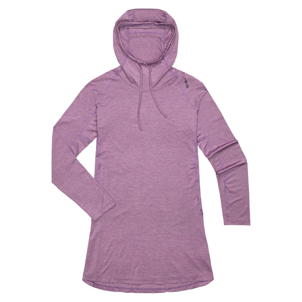 The NRS Silkweight Hoodie Dress, a purple long-sleeve garment made from recycled material, is displayed on a plain white background.