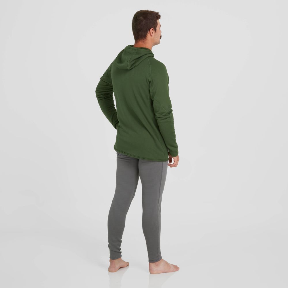 A man stands barefoot against a white backdrop, turned away while wearing a NRS Lightweight Hoodie - Men's in green and gray leggings.