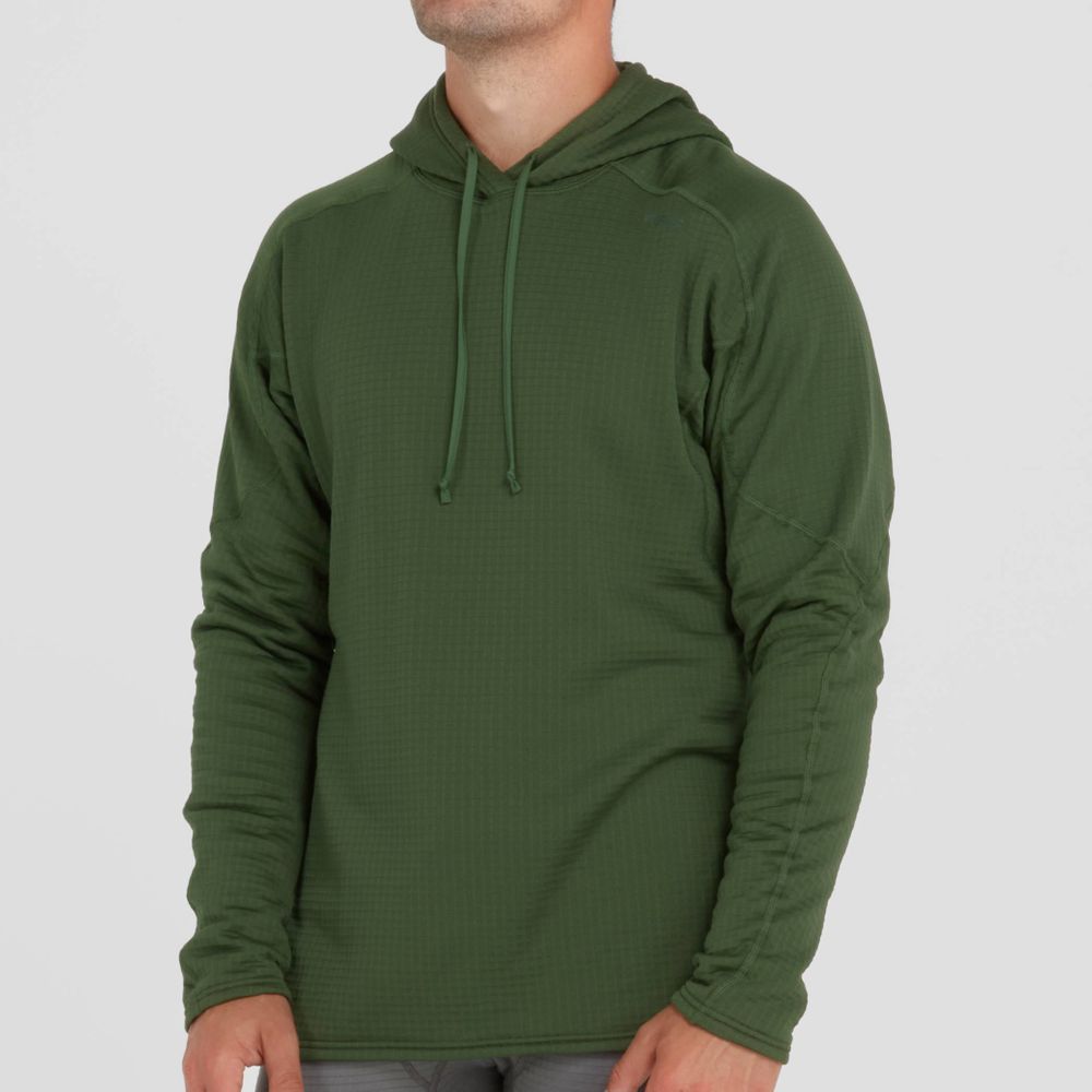 A person wearing a NRS Lightweight Hoodie - Men's in green stands against a plain white background.