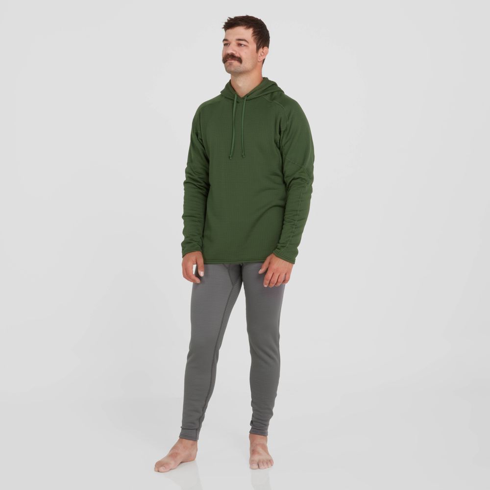 A man wearing an NRS Lightweight Hoodie - Men's in green and gray pants is barefoot against a plain white background.