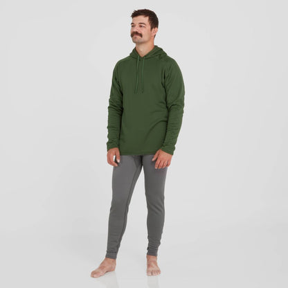 A man wearing an NRS Lightweight Hoodie - Men's in green and gray pants is barefoot against a plain white background.