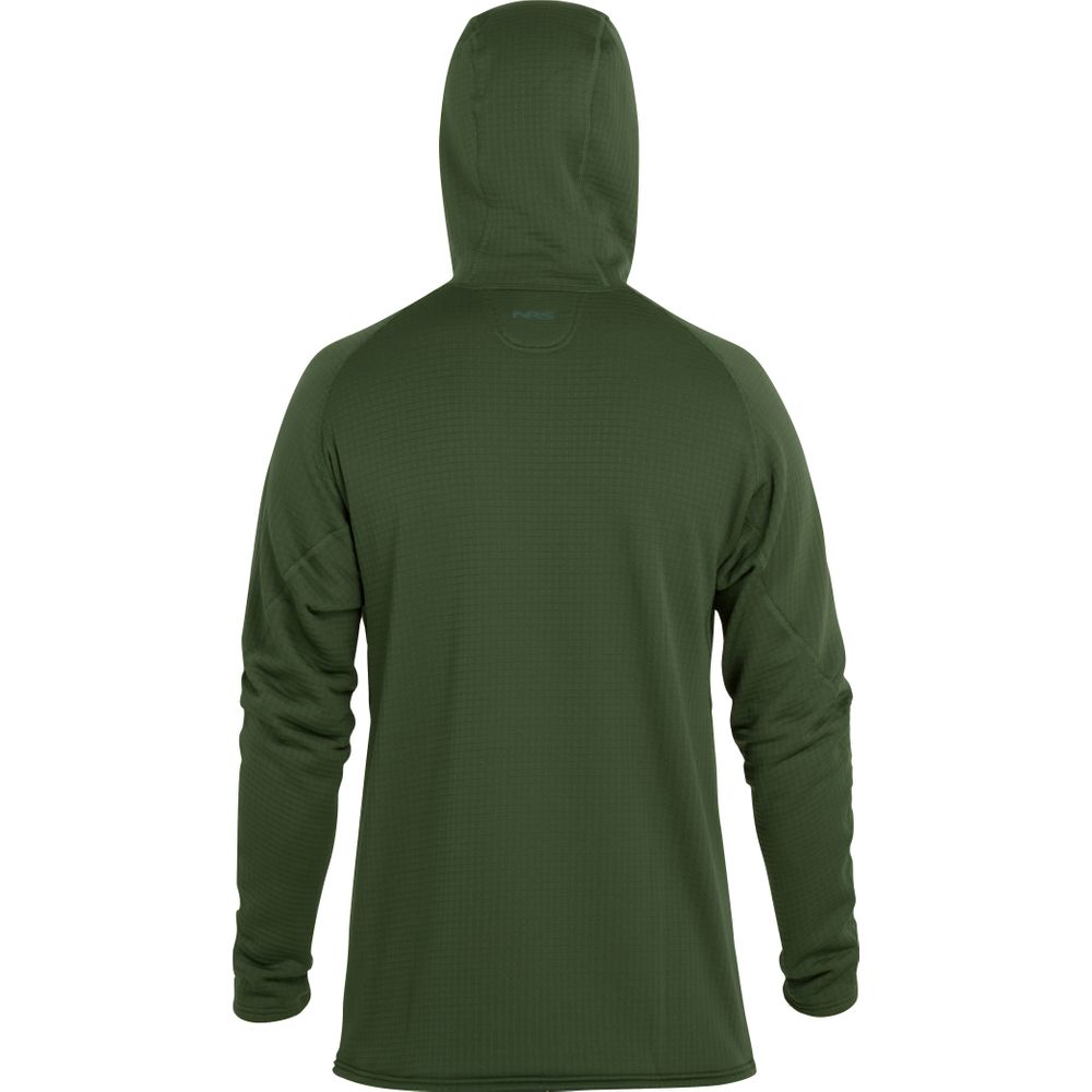 The NRS Lightweight Hoodie - Men's is a green hooded jacket with long sleeves and a simple design, shown from the back. It offers excellent sun protection, making it ideal for any outdoor adventure.