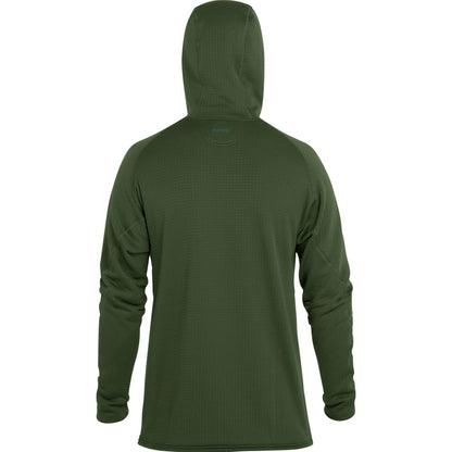 The NRS Lightweight Hoodie - Men's is a green hooded jacket with long sleeves and a simple design, shown from the back. It offers excellent sun protection, making it ideal for any outdoor adventure.