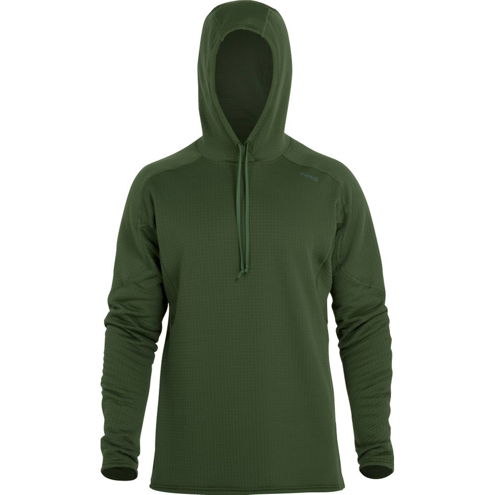 The NRS Men's Lightweight Hoodie in green features moisture-wicking properties and drawstrings, displayed on a plain white background.