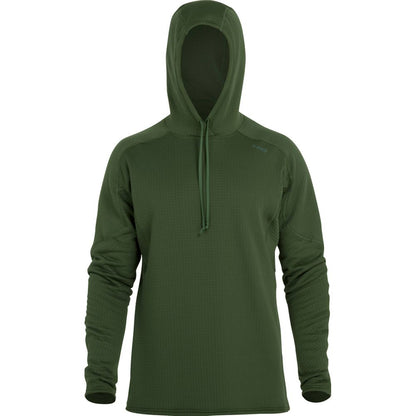 The NRS Men's Lightweight Hoodie in green features moisture-wicking properties and drawstrings, displayed on a plain white background.
