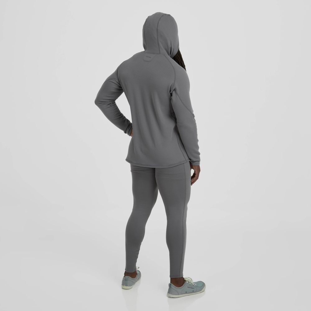 A person in an NRS men's lightweight hoodie in gray, paired with teal sneakers, stands facing away with one hand on their hip.