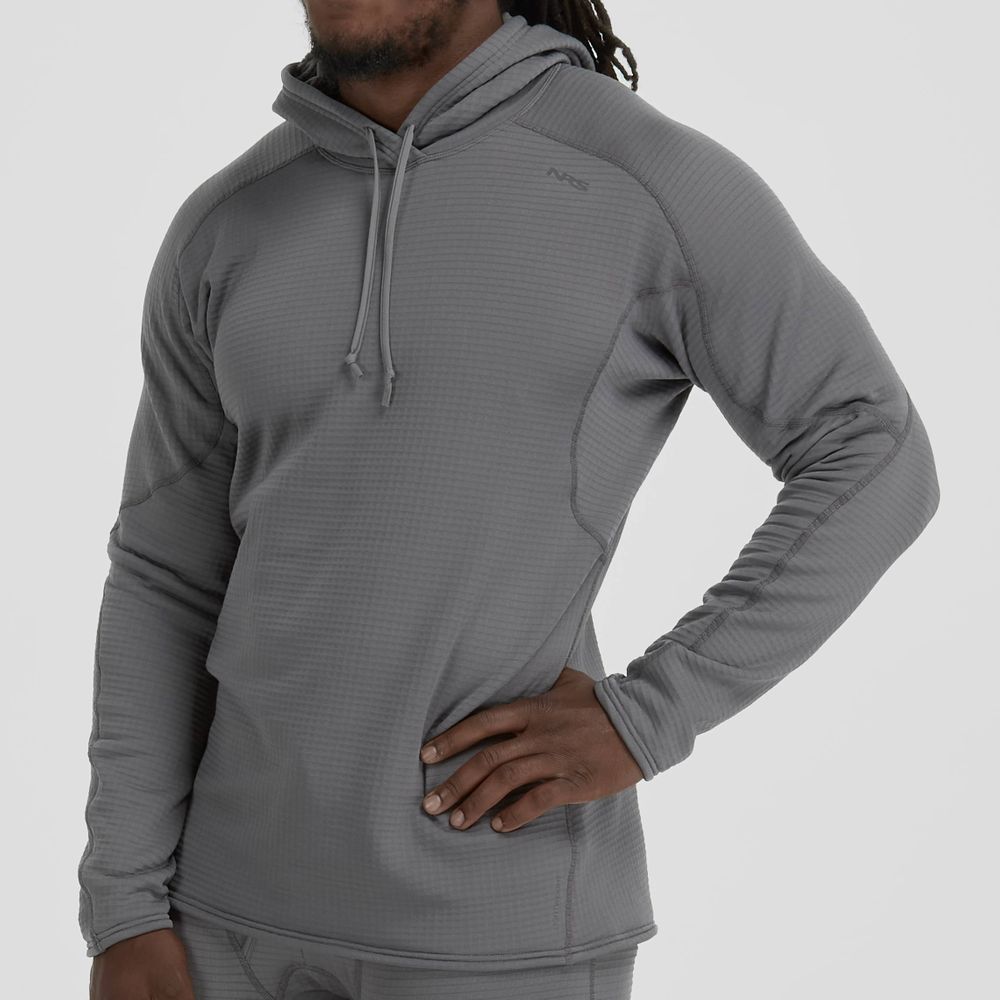 A person wearing the NRS Lightweight Hoodie - Men's, a moisture-wicking gray long-sleeve with a hood, stands with one hand on their hip against a plain background.