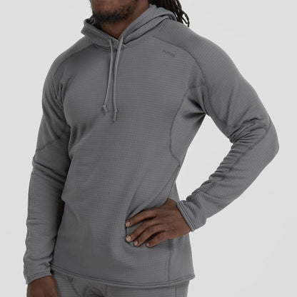 A person wearing the NRS Lightweight Hoodie - Men's, a moisture-wicking gray long-sleeve with a hood, stands with one hand on their hip against a plain background.