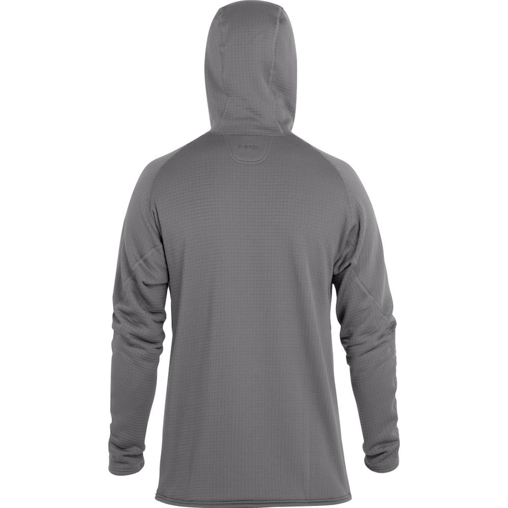 Back view of the NRS Men's Lightweight Hoodie in gray, featuring sun protection and moisture-wicking properties, on a plain white background.