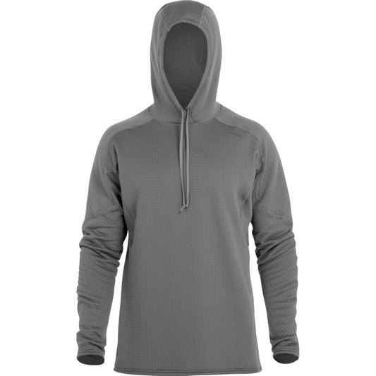 NRS Lightweight Hoodie for Men: Gray long-sleeve, featured with adjustable drawstring and subtle chest logo, displayed on a plain background.